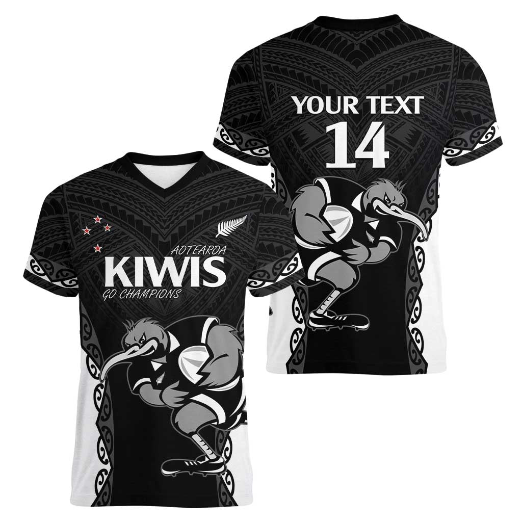 Aotearoa Rugby Custom Women V-Neck T-Shirt Maori Kiwi - Mascot Style