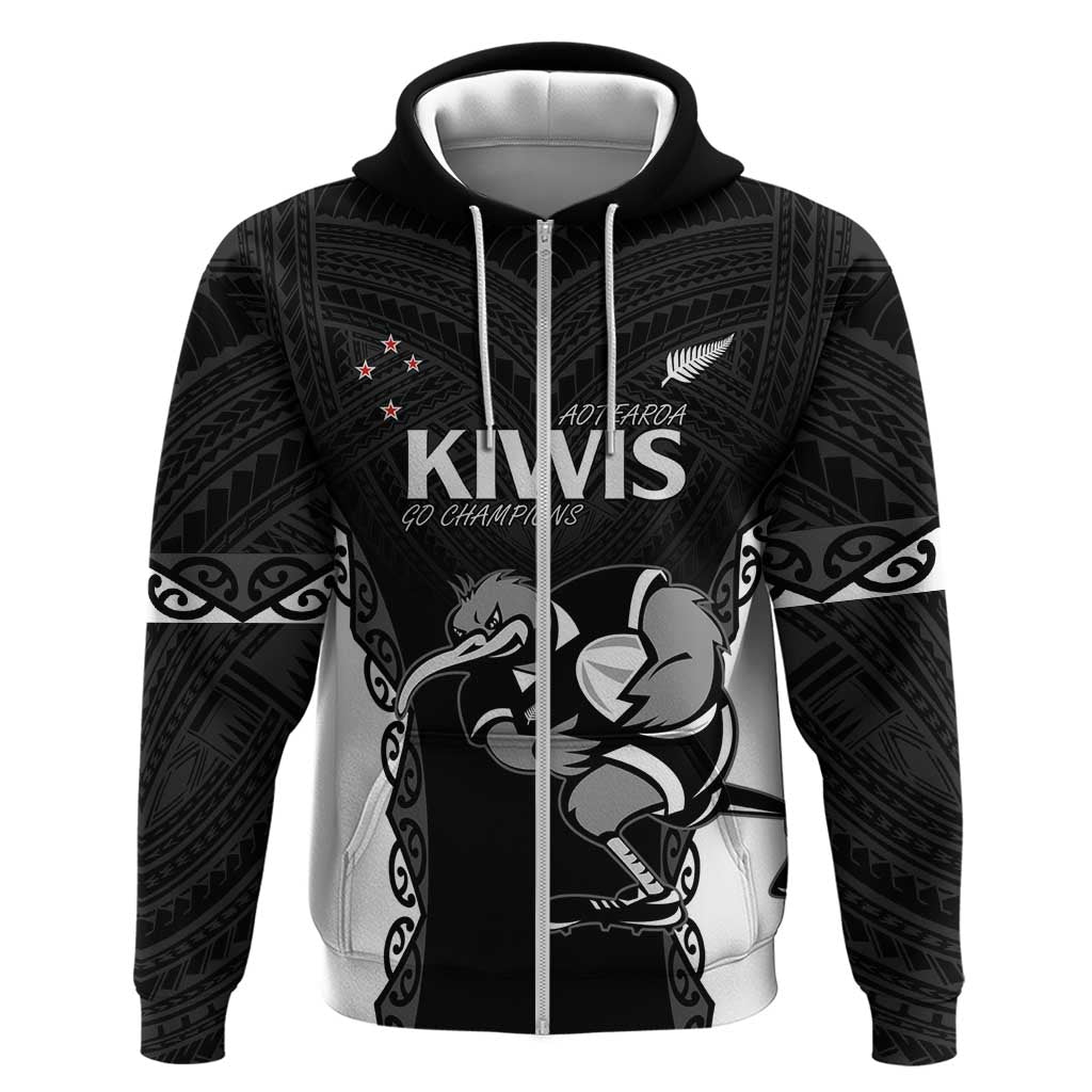 Aotearoa Rugby Custom Zip Hoodie Maori Kiwi - Mascot Style LT14 Zip Hoodie Black - Polynesian Pride