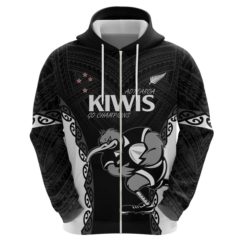 Aotearoa Rugby Custom Zip Hoodie Maori Kiwi - Mascot Style LT14 - Polynesian Pride