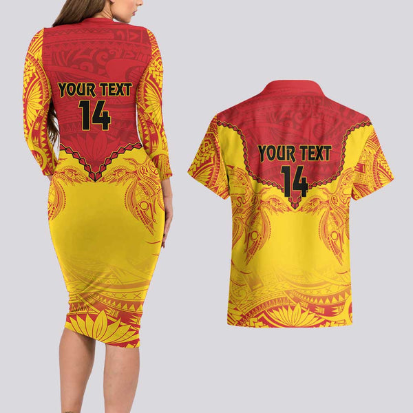 Custom Papua New Guinea Rugby Couples Matching Off The Shoulder Long Sleeve Dress and Long Sleeve Button Shirts Enga Mioks PNG Polynesian Pattern LT14 main image 1