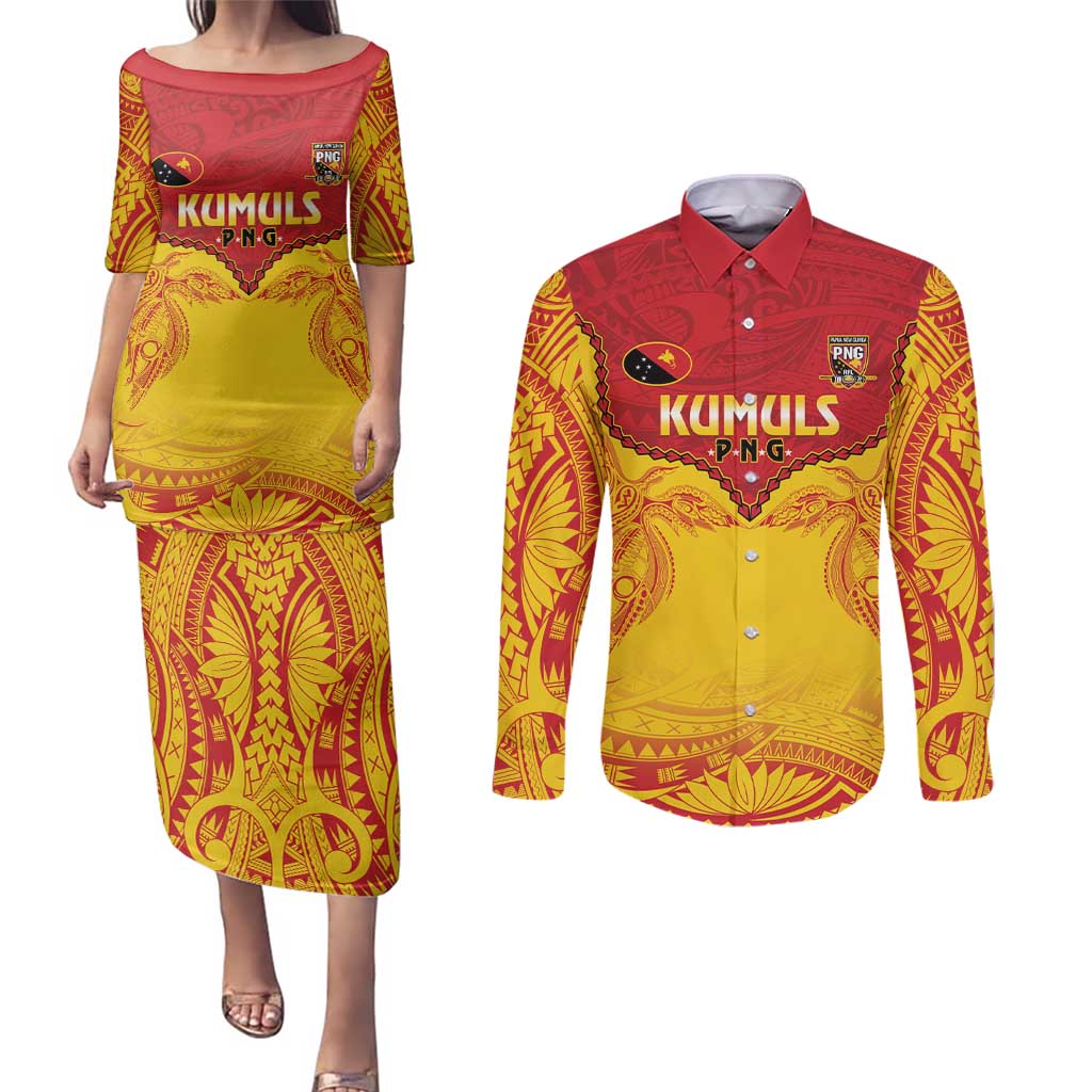 Papua New Guinea Rugby Custom Couples Matching Puletasi and Long Sleeve Button Shirt Go Kumuls PNG - Polynesian Pattern LT14 Yellow - Polynesian Pride