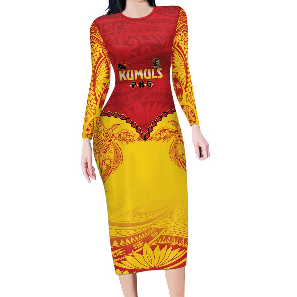 Papua New Guinea Rugby Custom Long Sleeve Bodycon Dress Go Kumuls PNG - Polynesian Pattern LT14 Long Dress Yellow - Polynesian Pride