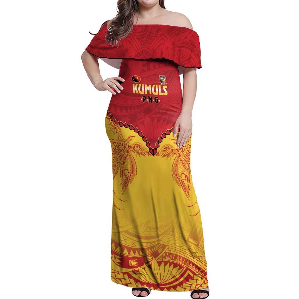 Papua New Guinea Rugby Custom Off Shoulder Maxi Dress Go Kumuls PNG - Polynesian Pattern LT14 Women Yellow - Polynesian Pride