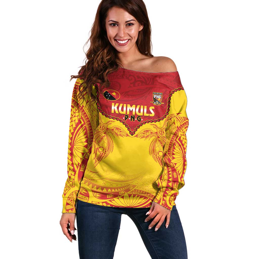 Papua New Guinea Rugby Custom Off Shoulder Sweater Go Kumuls PNG - Polynesian Pattern LT14 Women Yellow - Polynesian Pride
