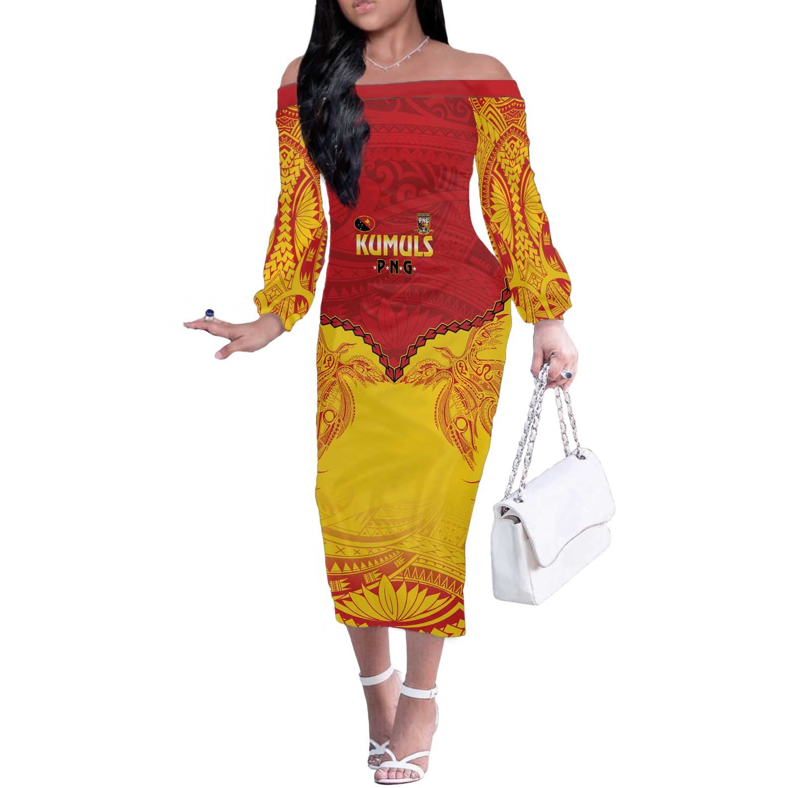 Papua New Guinea Rugby Custom Off The Shoulder Long Sleeve Dress Go Kumuls PNG - Polynesian Pattern LT14 Women Yellow - Polynesian Pride