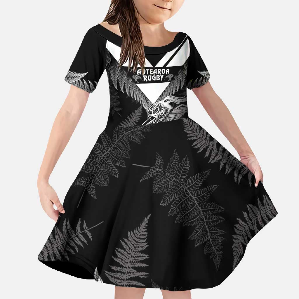 Aotearoa Silver Fern Rugby Custom Family Matching Mermaid Dress and Hawaiian Shirt 2024 Go Kiwi LT14 Daughter's Dress Black - Polynesian Pride