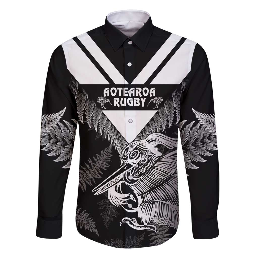 Aotearoa Silver Fern Rugby Custom Family Matching Summer Maxi Dress and Hawaiian Shirt 2024 Go Kiwi LT14 Dad's Shirt - Long Sleeve Black - Polynesian Pride