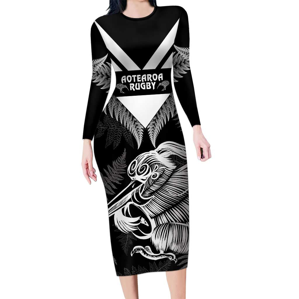 Aotearoa Silver Fern Rugby Custom Long Sleeve Bodycon Dress 2024 Go Kiwi LT14 Long Dress Black - Polynesian Pride