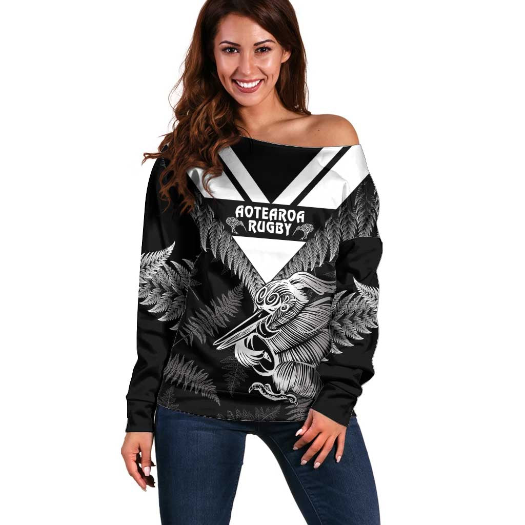 Aotearoa Silver Fern Rugby Custom Off Shoulder Sweater 2024 Go Kiwi LT14 Women Black - Polynesian Pride