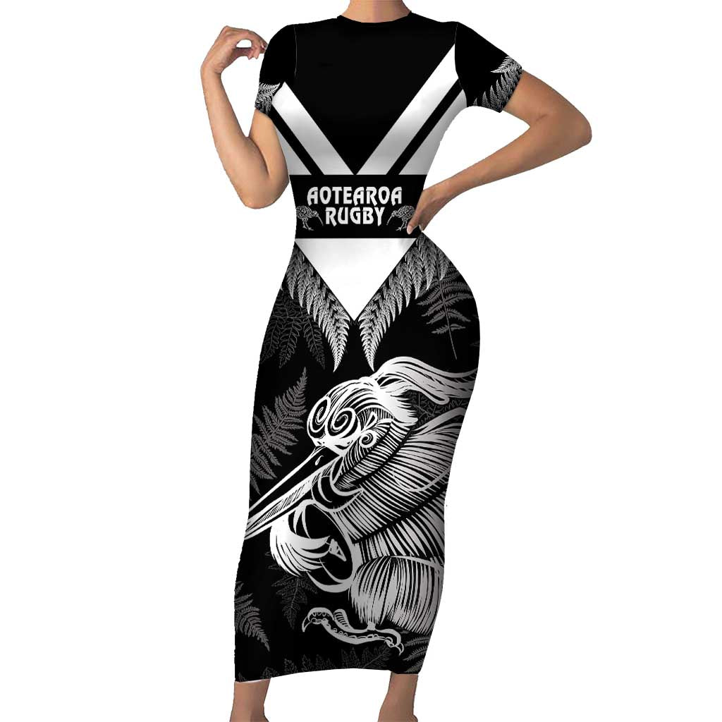 Aotearoa Silver Fern Rugby Custom Short Sleeve Bodycon Dress 2024 Go Kiwi LT14 Long Dress Black - Polynesian Pride