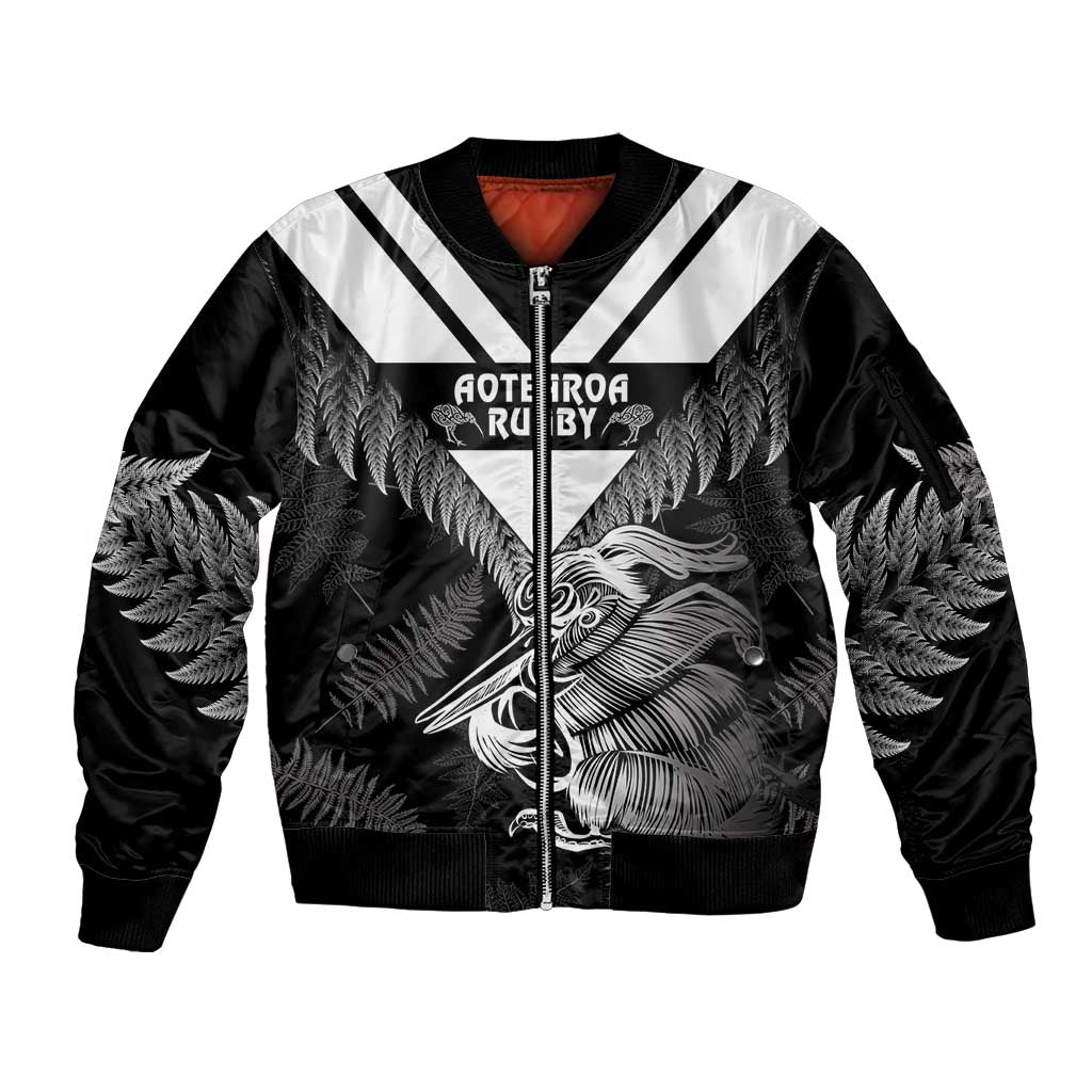 Aotearoa Silver Fern Rugby Custom Sleeve Zip Bomber Jacket 2024 Go Kiwi LT14 Unisex Black - Polynesian Pride