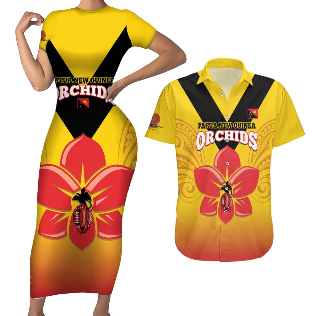 Orchids PNG Rugby Custom Couples Matching Short Sleeve Bodycon Dress and Hawaiian Shirt Go Champions Papua New Guinea LT14 Yellow - Polynesian Pride