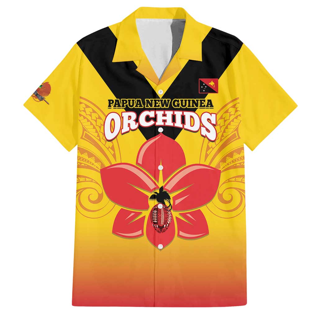 Orchids PNG Rugby Custom Family Matching Off Shoulder Maxi Dress and Hawaiian Shirt Go Champions Papua New Guinea LT14 Dad's Shirt - Short Sleeve Yellow - Polynesian Pride