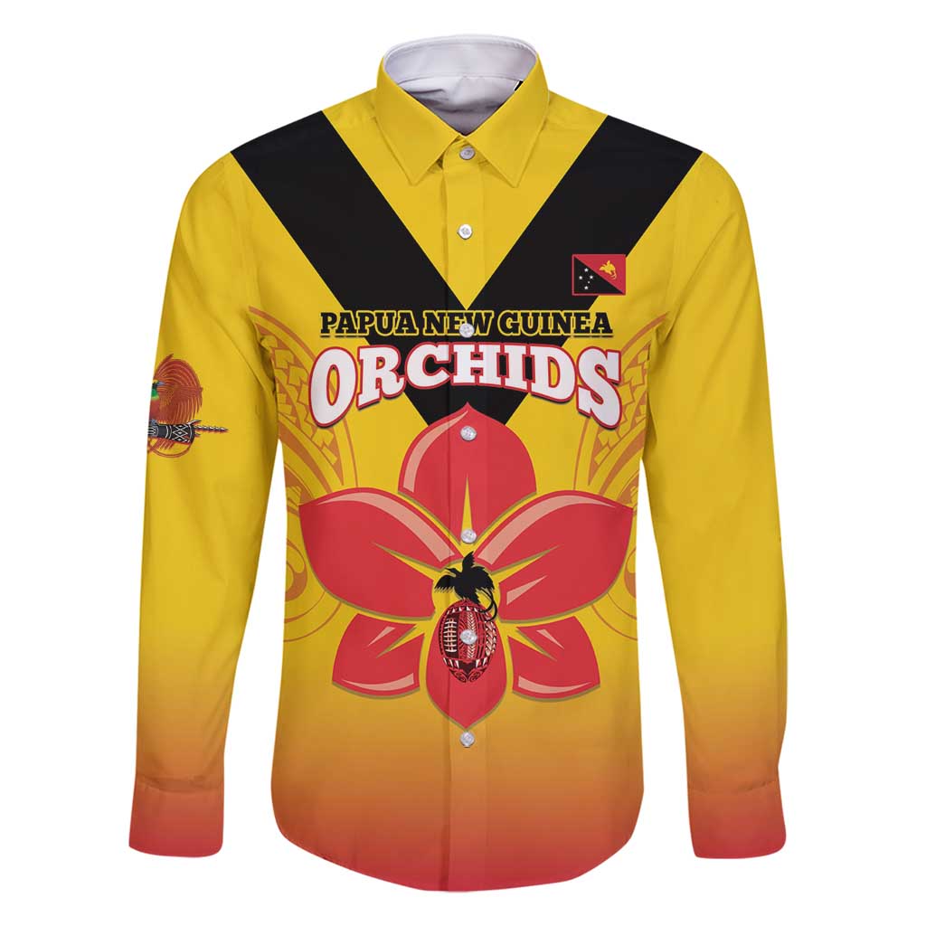 Orchids PNG Rugby Custom Family Matching Summer Maxi Dress and Hawaiian Shirt Go Champions Papua New Guinea LT14 Dad's Shirt - Long Sleeve Yellow - Polynesian Pride