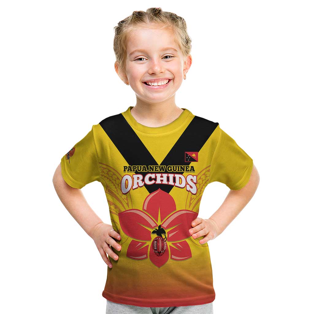 Orchids PNG Rugby Custom Kid T Shirt Go Champions Papua New Guinea LT14 Yellow - Polynesian Pride