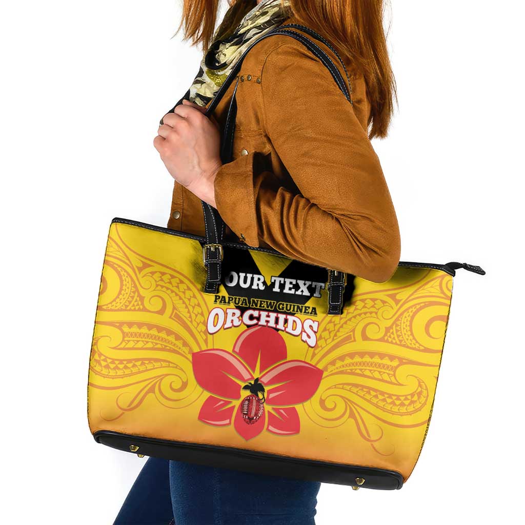 Orchids PNG Rugby Custom Leather Tote Bag Go Champions Papua New Guinea LT14 Yellow - Polynesian Pride