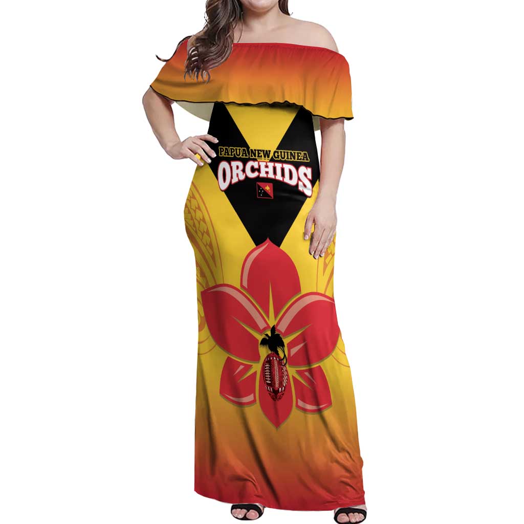 Orchids PNG Rugby Custom Off Shoulder Maxi Dress Go Champions Papua New Guinea LT14 Women Yellow - Polynesian Pride