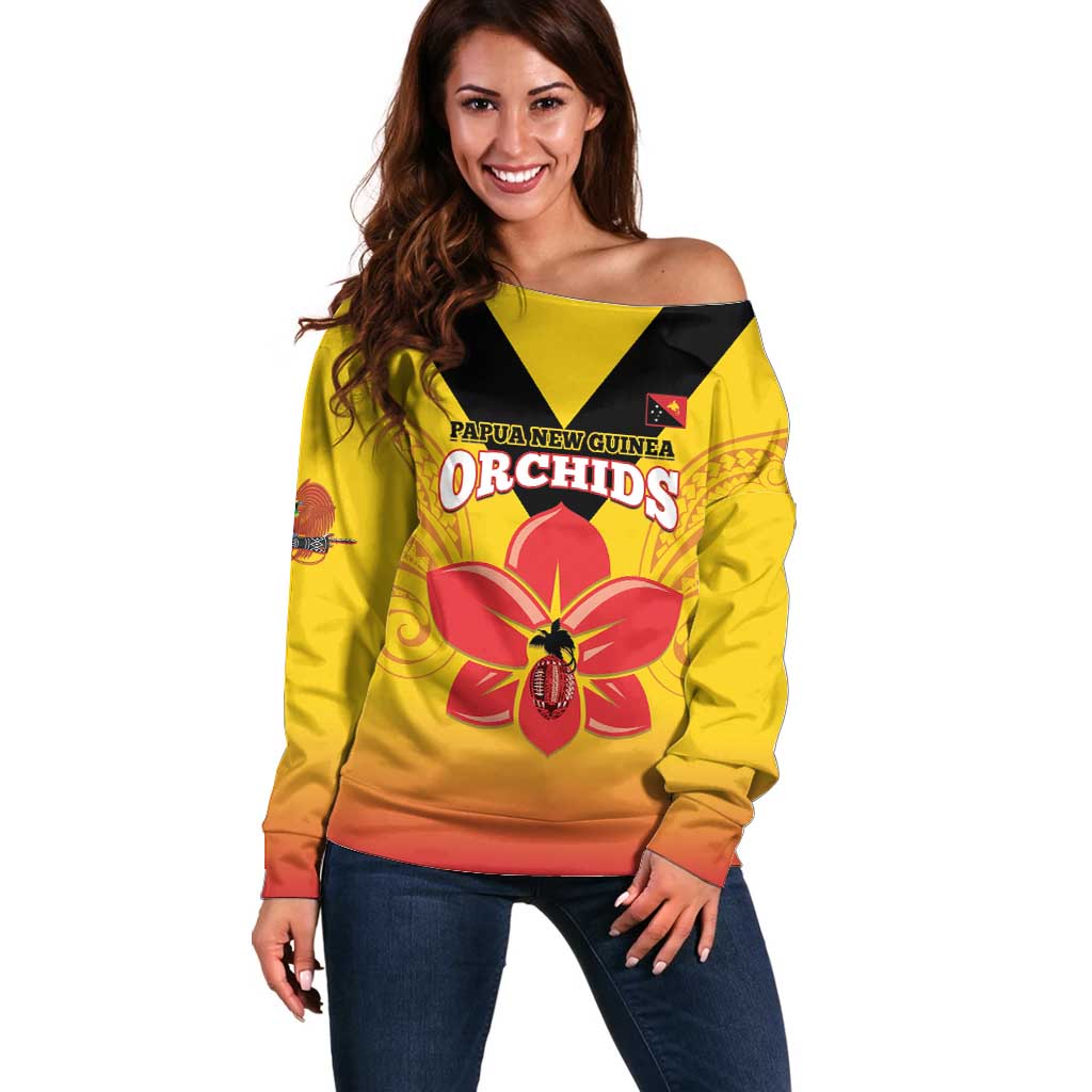 Orchids PNG Rugby Custom Off Shoulder Sweater Go Champions Papua New Guinea LT14 Women Yellow - Polynesian Pride
