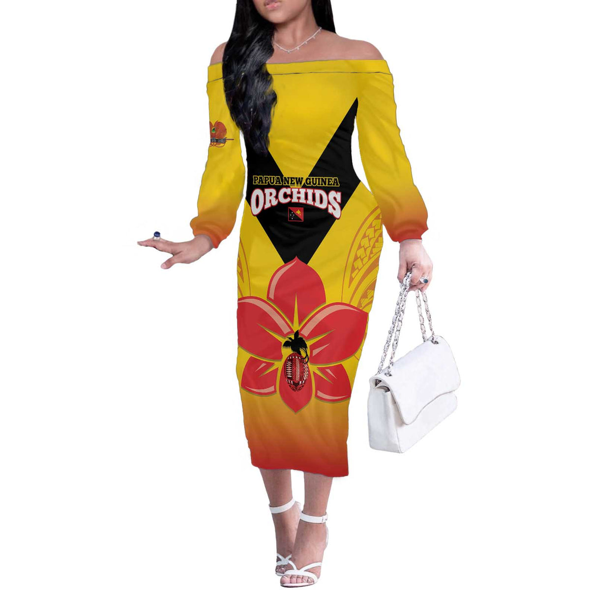 Orchids PNG Rugby Custom Off The Shoulder Long Sleeve Dress Go Champions Papua New Guinea LT14 Women Yellow - Polynesian Pride