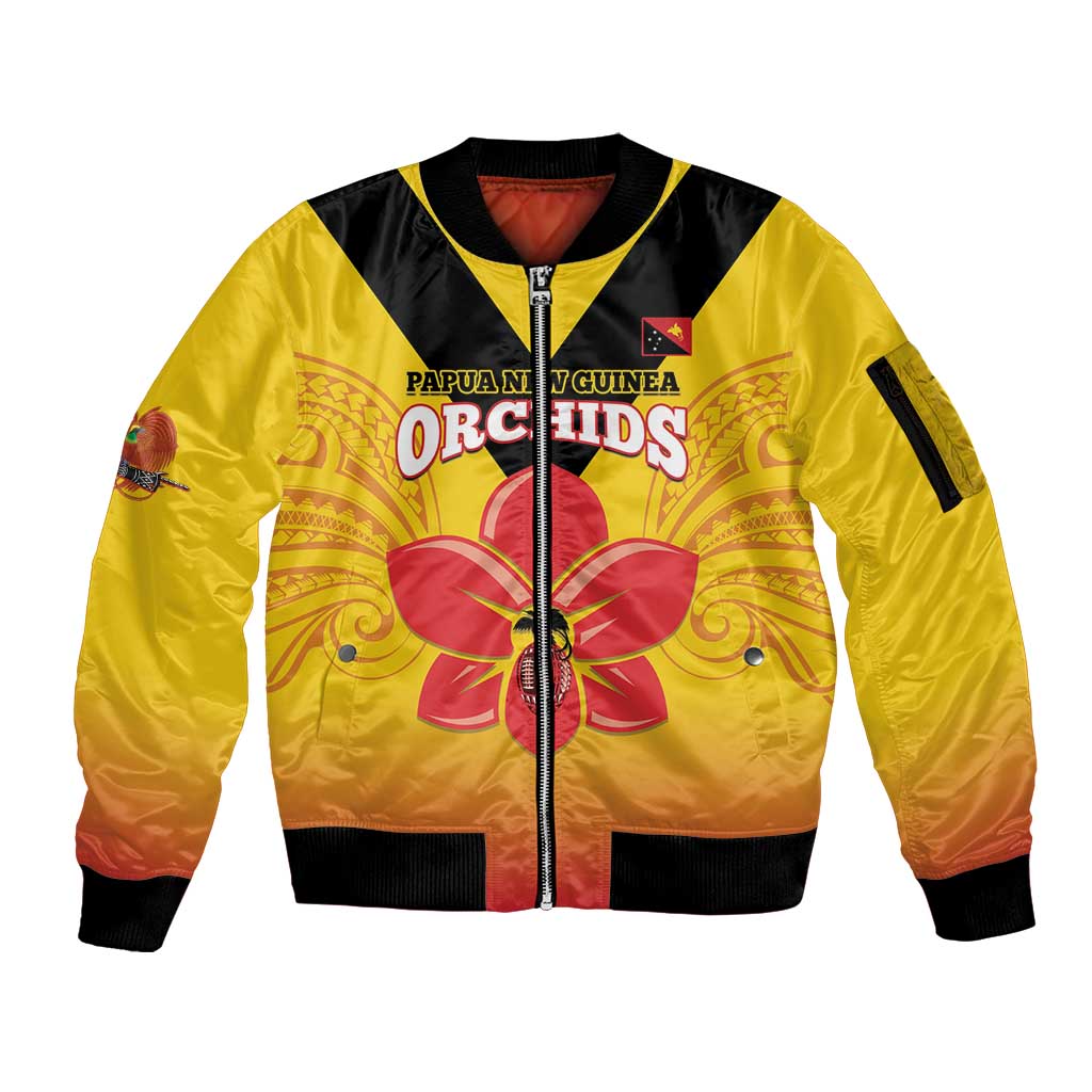 Orchids PNG Rugby Custom Sleeve Zip Bomber Jacket Go Champions Papua New Guinea LT14 Unisex Yellow - Polynesian Pride