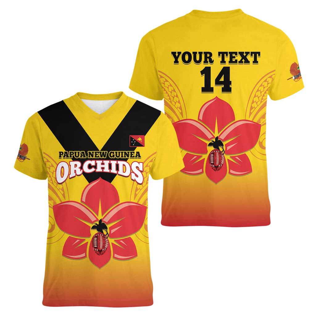 Orchids PNG Rugby Custom Women V-Neck T-Shirt Go Champions Papua New Guinea