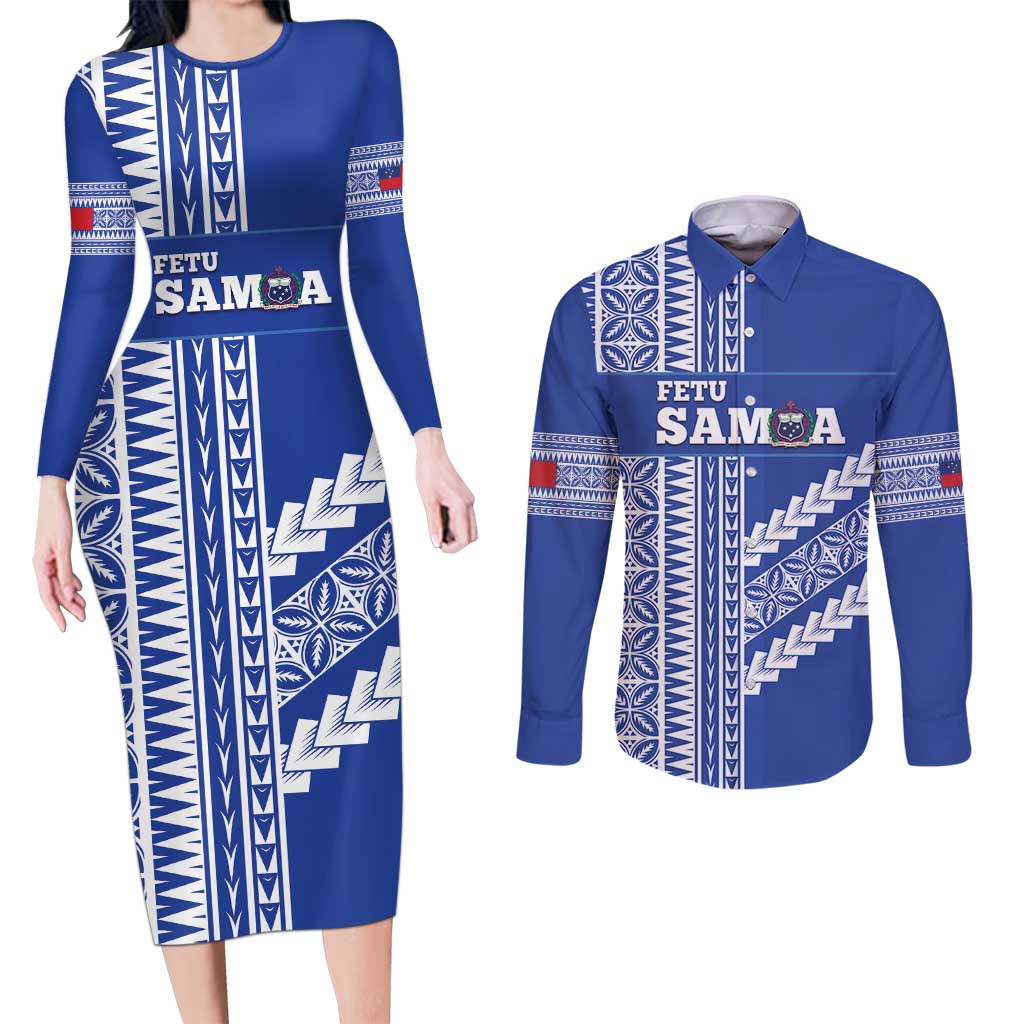 Fetu Samoa Rugby Custom Couples Matching Long Sleeve Bodycon Dress and Long Sleeve Button Shirt Siapo Pattern - Sporty Style LT14 Blue - Polynesian Pride