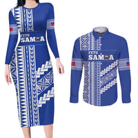 Fetu Samoa Rugby Custom Couples Matching Long Sleeve Bodycon Dress and Long Sleeve Button Shirt Siapo Pattern - Sporty Style LT14 Blue - Polynesian Pride