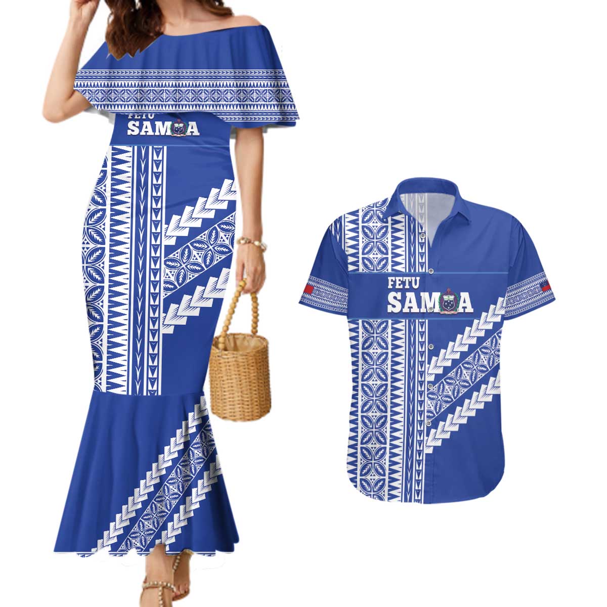 Fetu Samoa Rugby Custom Couples Matching Mermaid Dress and Hawaiian Shirt Siapo Pattern - Sporty Style LT14 Blue - Polynesian Pride