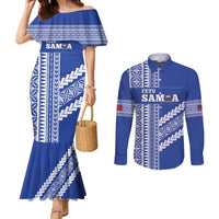 Fetu Samoa Rugby Custom Couples Matching Mermaid Dress and Long Sleeve Button Shirt Siapo Pattern - Sporty Style LT14 Blue - Polynesian Pride