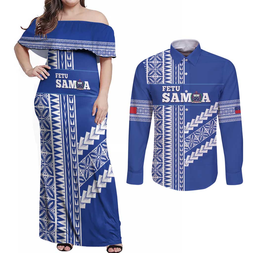 Fetu Samoa Rugby Custom Couples Matching Off Shoulder Maxi Dress and Long Sleeve Button Shirt Siapo Pattern - Sporty Style LT14 Blue - Polynesian Pride