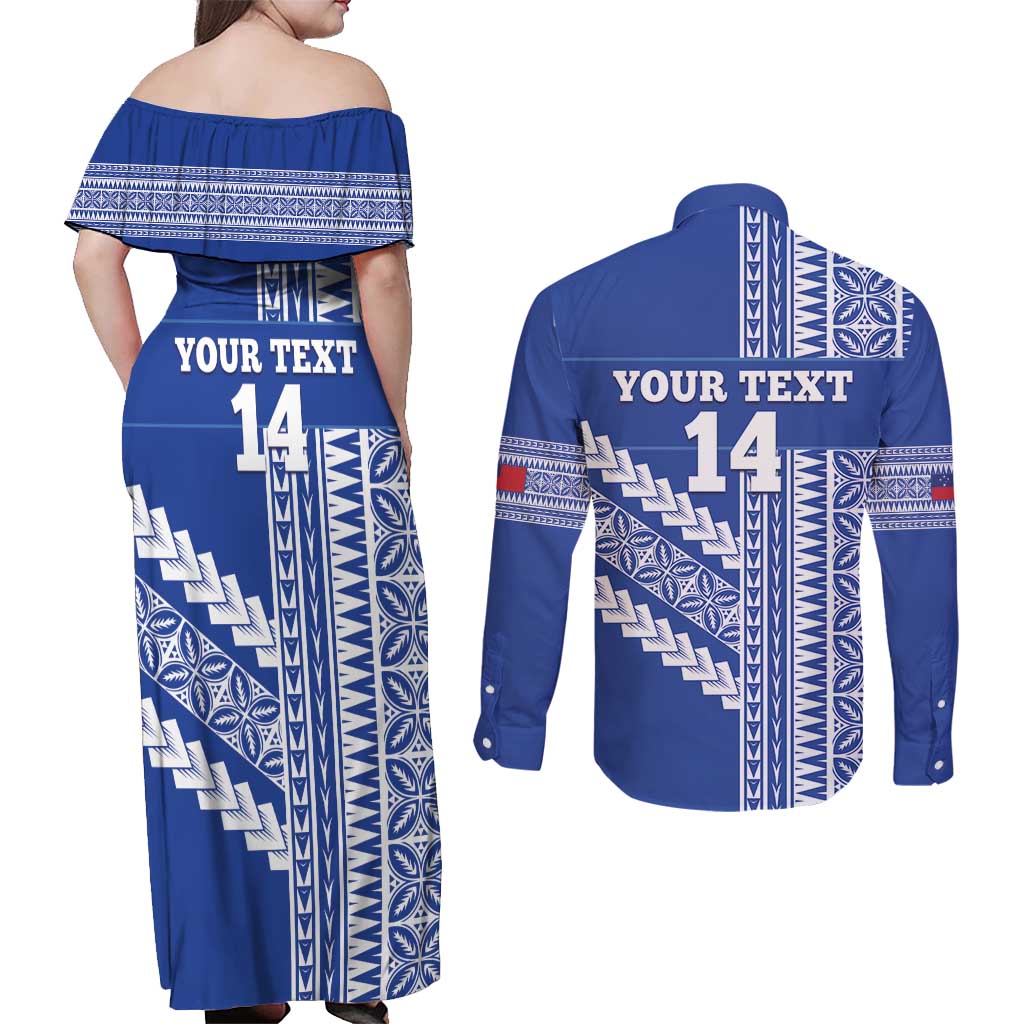 Fetu Samoa Rugby Custom Couples Matching Off Shoulder Maxi Dress and Long Sleeve Button Shirt Siapo Pattern - Sporty Style LT14 - Polynesian Pride