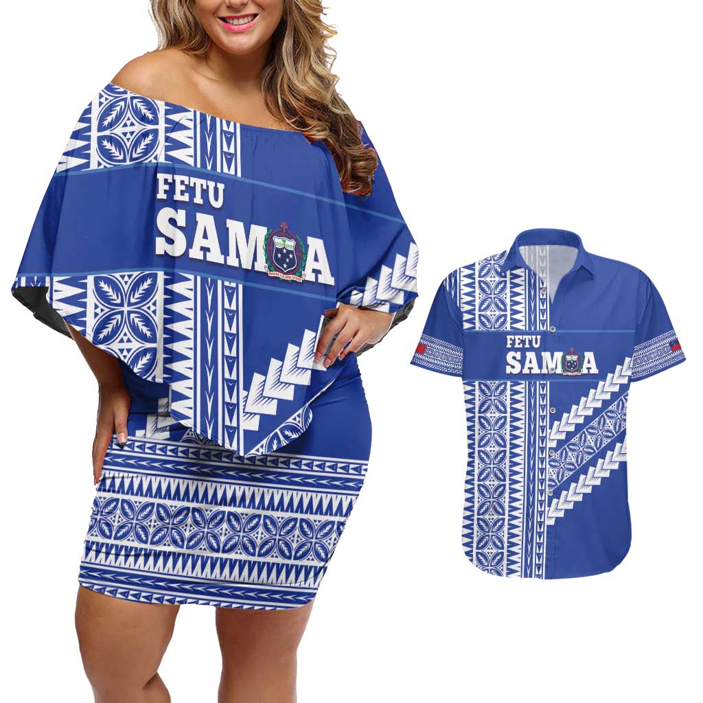 Fetu Samoa Rugby Custom Couples Matching Off Shoulder Short Dress and Hawaiian Shirt Siapo Pattern - Sporty Style LT14 Blue - Polynesian Pride