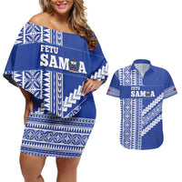 Fetu Samoa Rugby Custom Couples Matching Off Shoulder Short Dress and Hawaiian Shirt Siapo Pattern - Sporty Style LT14 Blue - Polynesian Pride