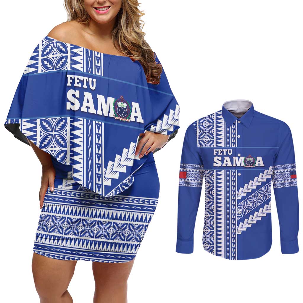 Fetu Samoa Rugby Custom Couples Matching Off Shoulder Short Dress and Long Sleeve Button Shirt Siapo Pattern - Sporty Style LT14 Blue - Polynesian Pride