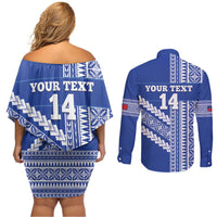 Fetu Samoa Rugby Custom Couples Matching Off Shoulder Short Dress and Long Sleeve Button Shirt Siapo Pattern - Sporty Style LT14 - Polynesian Pride
