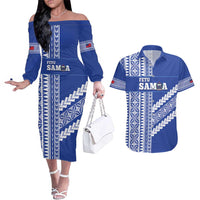 Fetu Samoa Rugby Custom Couples Matching Off The Shoulder Long Sleeve Dress and Hawaiian Shirt Siapo Pattern - Sporty Style LT14 Blue - Polynesian Pride
