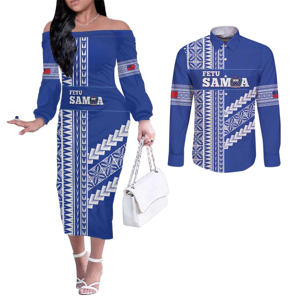 Fetu Samoa Rugby Custom Couples Matching Off The Shoulder Long Sleeve Dress and Long Sleeve Button Shirt Siapo Pattern - Sporty Style LT14 Blue - Polynesian Pride
