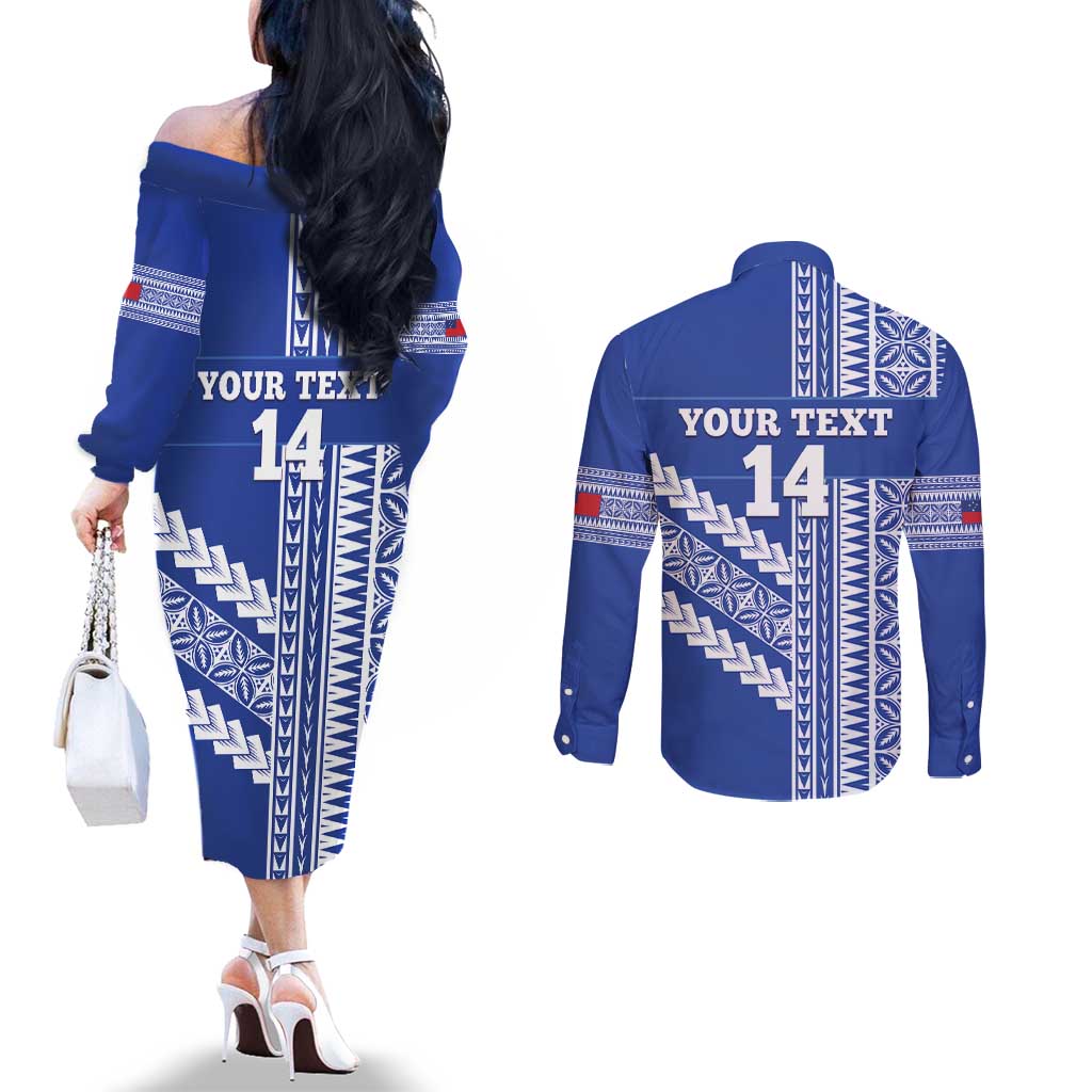 Fetu Samoa Rugby Custom Couples Matching Off The Shoulder Long Sleeve Dress and Long Sleeve Button Shirt Siapo Pattern - Sporty Style LT14 - Polynesian Pride