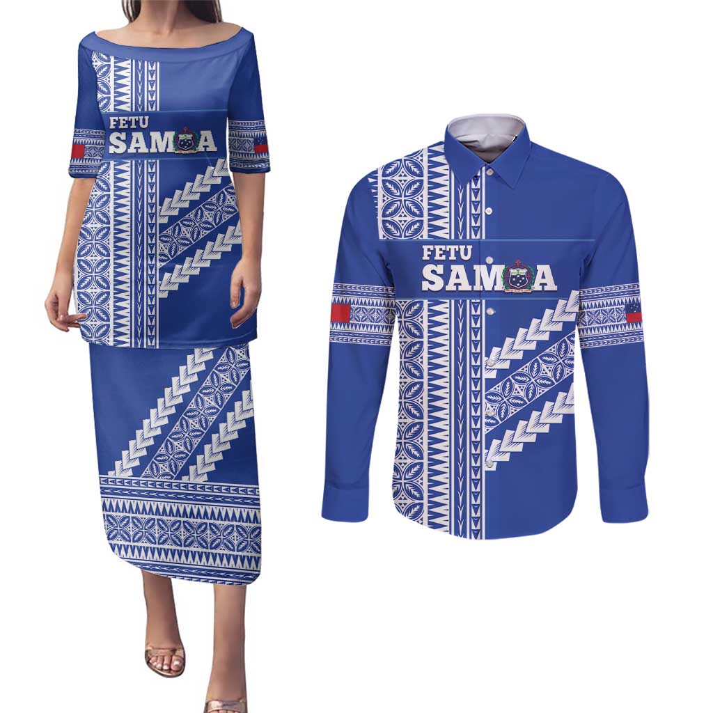 Fetu Samoa Rugby Custom Couples Matching Puletasi and Long Sleeve Button Shirt Siapo Pattern - Sporty Style LT14 Blue - Polynesian Pride