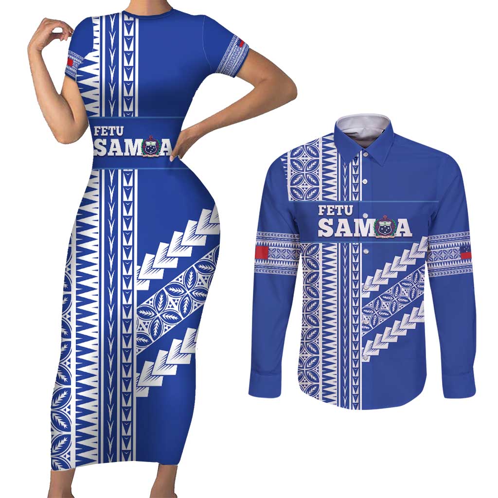 Fetu Samoa Rugby Custom Couples Matching Short Sleeve Bodycon Dress and Long Sleeve Button Shirt Siapo Pattern - Sporty Style LT14 Blue - Polynesian Pride