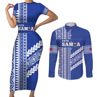 Fetu Samoa Rugby Custom Couples Matching Short Sleeve Bodycon Dress and Long Sleeve Button Shirt Siapo Pattern - Sporty Style LT14 Blue - Polynesian Pride