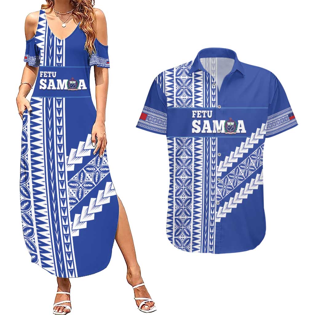 Fetu Samoa Rugby Custom Couples Matching Summer Maxi Dress and Hawaiian Shirt Siapo Pattern - Sporty Style LT14 Blue - Polynesian Pride