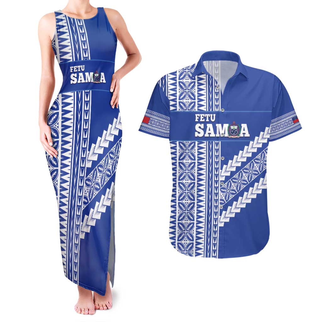 Fetu Samoa Rugby Custom Couples Matching Tank Maxi Dress and Hawaiian Shirt Siapo Pattern - Sporty Style LT14 Blue - Polynesian Pride