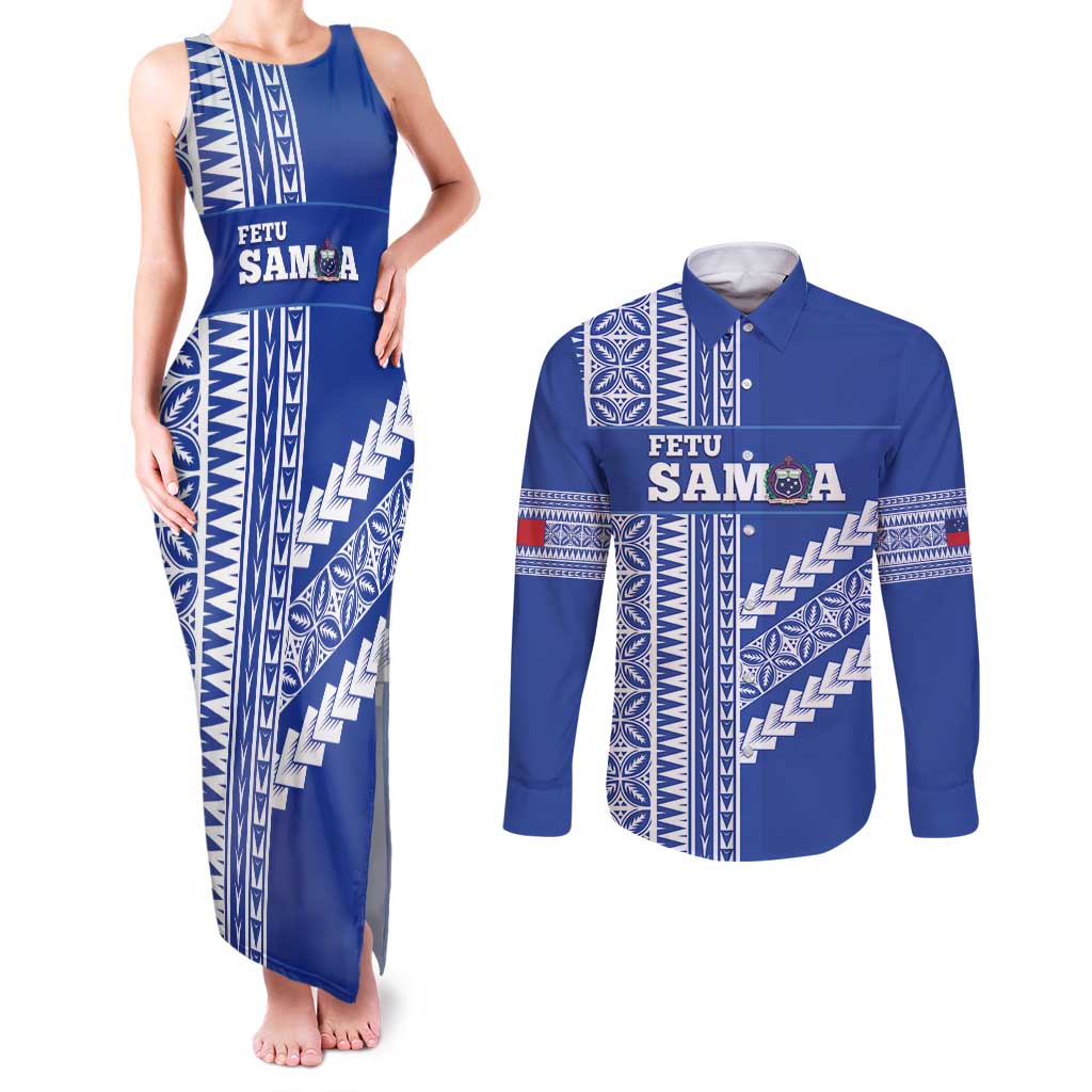 Fetu Samoa Rugby Custom Couples Matching Tank Maxi Dress and Long Sleeve Button Shirt Siapo Pattern - Sporty Style LT14 Blue - Polynesian Pride
