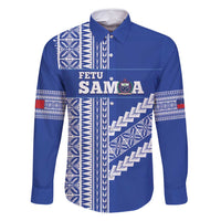 Fetu Samoa Rugby Custom Family Matching Mermaid Dress and Hawaiian Shirt Siapo Pattern - Sporty Style LT14 Dad's Shirt - Long Sleeve Blue - Polynesian Pride