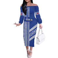 Fetu Samoa Rugby Custom Off The Shoulder Long Sleeve Dress Siapo Pattern - Sporty Style LT14 Women Blue - Polynesian Pride
