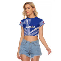 Fetu Samoa Rugby Custom Raglan Cropped T Shirt Siapo Pattern - Sporty Style LT14 Female Blue - Polynesian Pride
