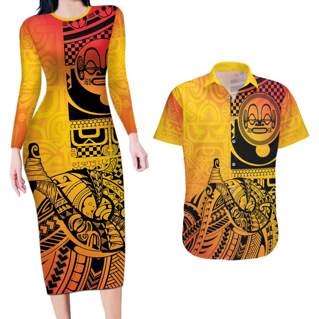 Marquesas Islands Couples Matching Long Sleeve Bodycon Dress and Hawaiian Shirt Marquesan Matatiki Fish Hook Patutiki - Polynesian Pride