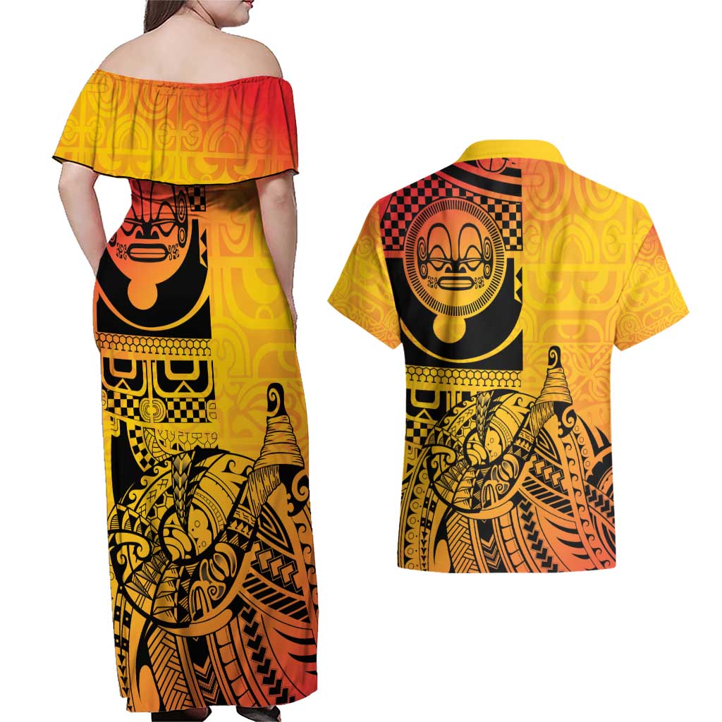 Marquesas Islands Couples Matching Off Shoulder Maxi Dress and Hawaiian Shirt Marquesan Matatiki Fish Hook Patutiki - Polynesian Pride