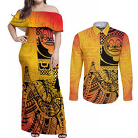 Marquesas Islands Couples Matching Off Shoulder Maxi Dress and Long Sleeve Button Shirt Marquesan Matatiki Fish Hook Patutiki - Polynesian Pride